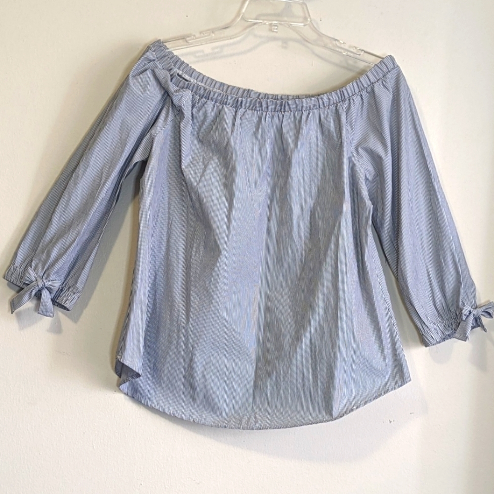 Potter's Pot Off the Shoulder Three Quarter Sleeve Bow Poplin Blouse Top Large